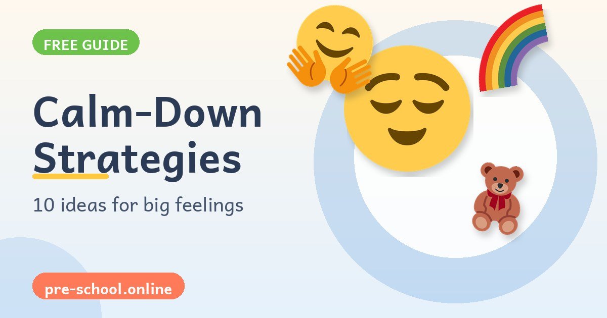 A calm face, hug, rainbow, and teddy bear for calm-down strategies for preschoolers