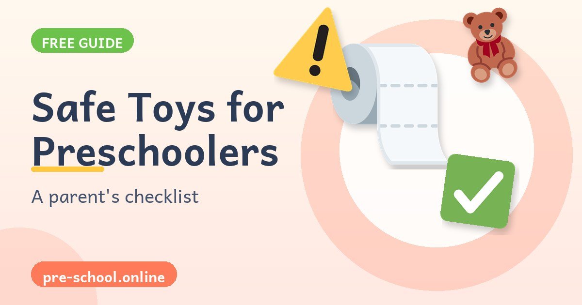 A toilet paper tube, warning sign, teddy bear, and check mark for a toy safety checklist