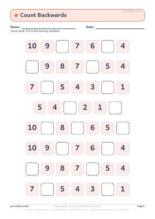 Counting Backwards worksheet preview
