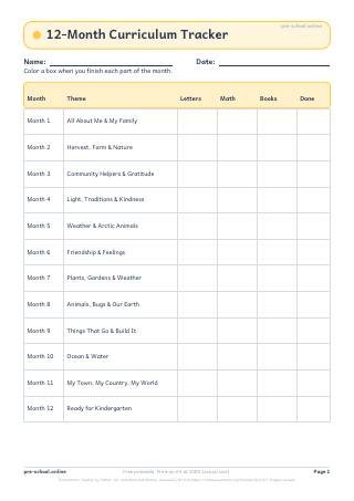 12-Month Curriculum Tracker worksheet preview