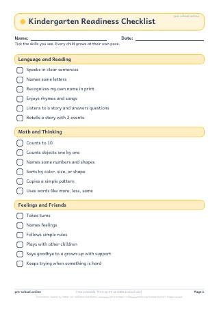 Kindergarten Readiness Checklist worksheet preview
