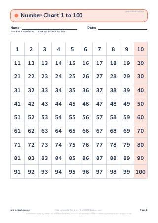 Numbers 1 to 100 worksheet preview