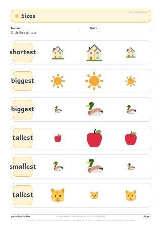 Sizes worksheet preview