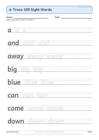 Trace 100 Sight Words free printable worksheet preview